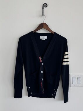 Thom Browne Navy V-Neck Cardigan with Stripes